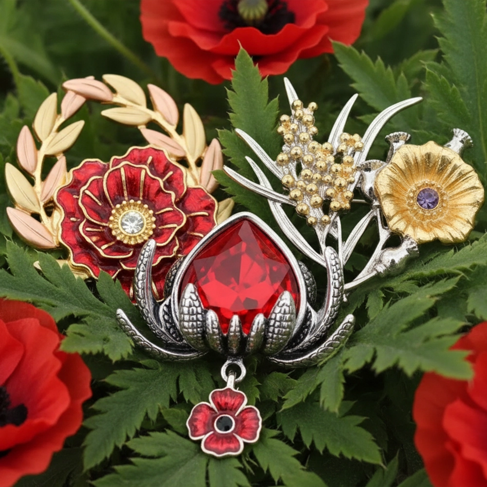 Model wearing Opal Stone Poppy Brooch