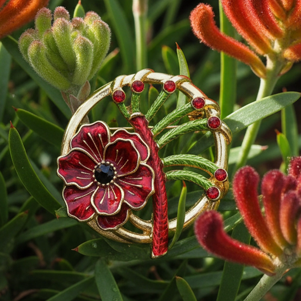 Model wearing Tiger's Eye Poppy Brooch
