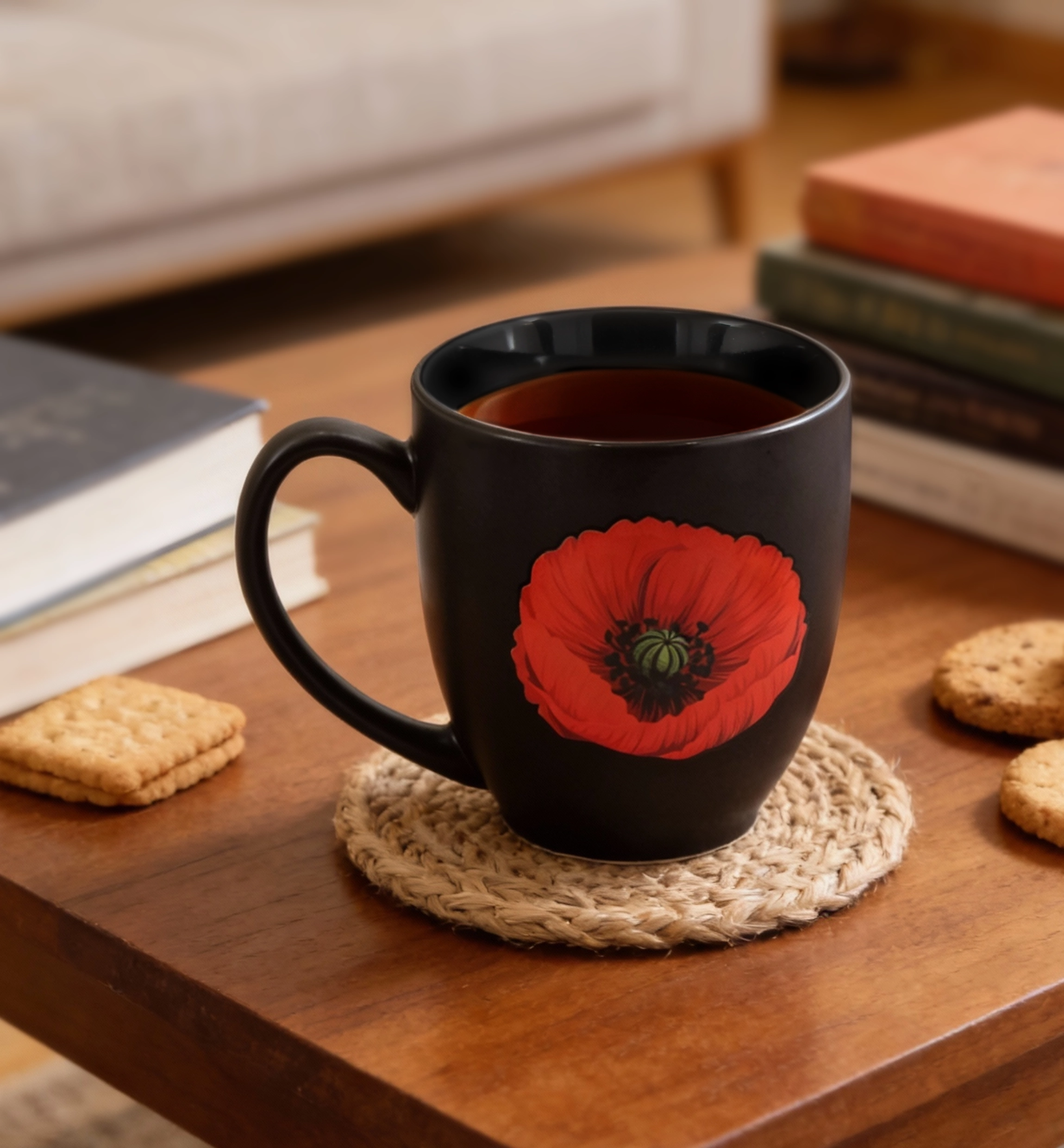 I Remember Red Poppy Mug on a coffee table